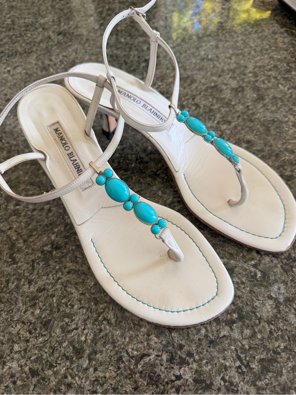 Manolo Blahnik White Leather T-Strap Sandals with Turquoise Bead Accents